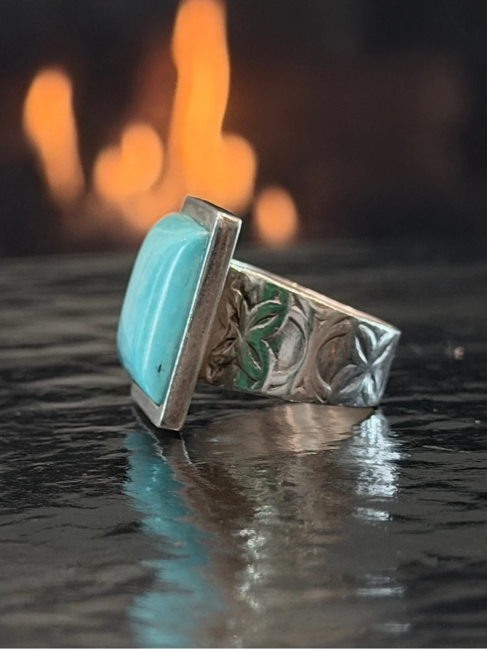 Sterling Silver Square Turquoise Statement Ring with Embossed Band